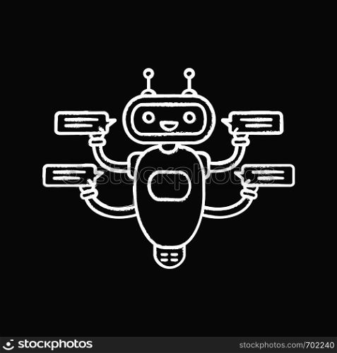 Chatbot with four speech bubbles chalk icon. Talkbot chatting to several users. Customer support service. Modern robot. Isolated vector chalkboard illustration. Chatbot with four speech bubbles chalk icon