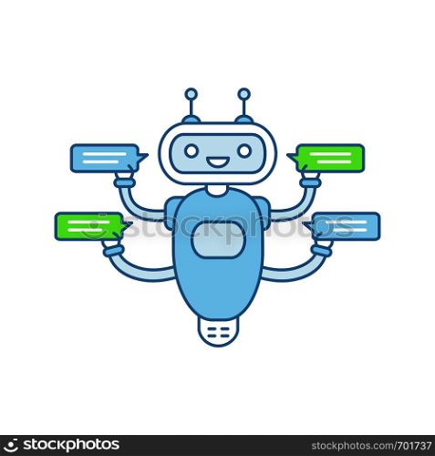 Chatbot with four speech bubbles color icon. Talkbot chatting to several users. Customer support service. Modern robot. Isolated vector illustration. Chatbot with four speech bubbles color icon