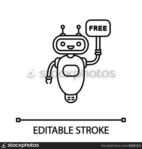 Chatbot with free in speech bubble linear icon. Thin line illustration. Free customer support talkbot. Virtual assistant. Modern robot. Contour symbol. Vector isolated outline drawing. Editable stroke. Chatbot with free in speech bubble linear icon
