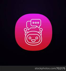 Chatbot with speech bubbles app icon. UI/UX user interface. Modern robot. Talkbot typing answer. Online support. Virtual assistant. Chat bot. Web or mobile application. Vector isolated illustration. Chatbot with speech bubbles app icon