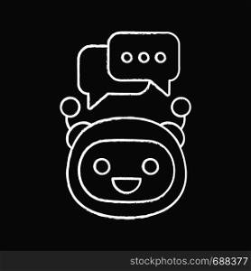 Chatbot with speech bubbles chalk icon. Modern robot. Talkbot typing answer. Online support. Virtual assistant. Chat bot. Isolated vector chalkboard illustration. Chatbot with speech bubbles chalk icon