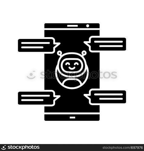 Chatbot with speech bubbles glyph icon. Silhouette symbol. Messenger bot chatting on smartphone. Modern robot. Virtual assistant. Negative space. Vector isolated illustration. Chatbot with speech bubbles glyph icon