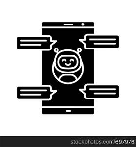 Chatbot with speech bubbles glyph icon. Silhouette symbol. Messenger bot chatting on smartphone. Modern robot. Virtual assistant. Negative space. Vector isolated illustration. Chatbot with speech bubbles glyph icon
