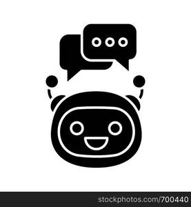 Chatbot with speech bubbles glyph icon. Silhouette symbol. Modern robot. Talkbot typing answer. Online support. Virtual assistant. Chat bot. Negative space. Vector isolated illustration. Chatbot with speech bubbles glyph icon