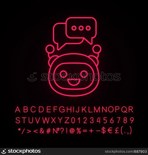 Chatbot with speech bubbles neon light icon. Modern robot. Talkbot typing answer. Online support. Virtual assistant. Glowing sign with alphabet, numbers and symbols. Vector isolated illustration. Chatbot with speech bubbles neon light icon