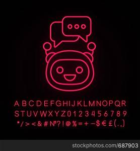 Chatbot with speech bubbles neon light icon. Modern robot. Talkbot typing answer. Online support. Virtual assistant. Glowing sign with alphabet, numbers and symbols. Vector isolated illustration. Chatbot with speech bubbles neon light icon