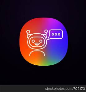 Chatbot with three dots in speech bubble app icon. UI/UX user interface. Modern robot. Online virtual assistant. Chat bot. Digital support. Web or mobile application. Vector isolated illustration. Chatbot with three dots in speech bubble app icon