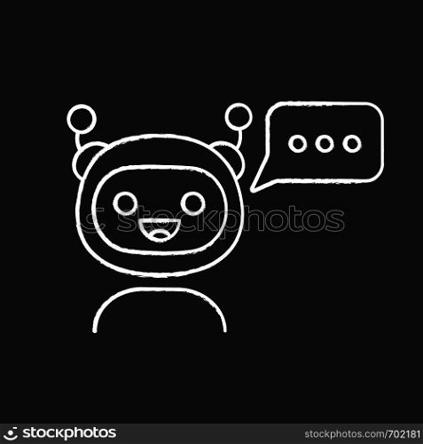 Chatbot with three dots in speech bubble chalk icon. Modern robot. Online virtual assistant. Chat bot. Digital support. Isolated vector chalkboard illustration. Chatbot with three dots in speech bubble chalk icon
