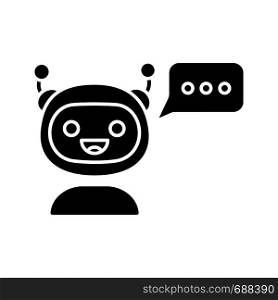 Chatbot with three dots in speech bubble glyph icon. Silhouette symbol. Modern robot. Online virtual assistant. Chat bot. Digital support. Negative space. Vector isolated illustration. Chatbot with three dots in speech bubble glyph icon