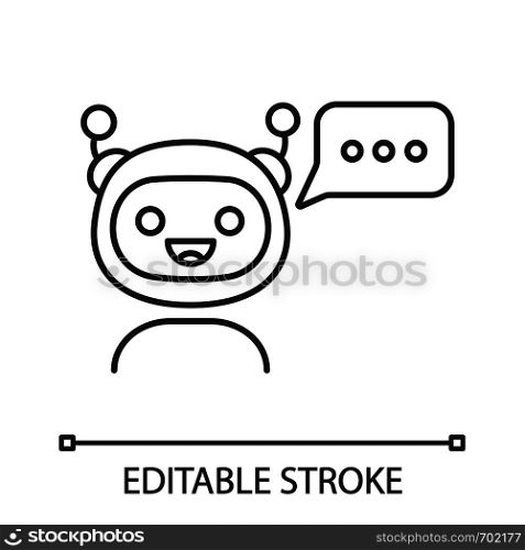 Chatbot with three dots in speech bubble linear icon. Thin line illustration. Modern robot. Online virtual assistant. Chat bot. Contour symbol. Vector isolated outline drawing. Editable stroke. Chatbot with three dots in speech bubble linear icon