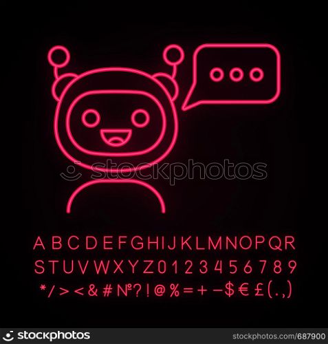 Chatbot with three dots in speech bubble neon light icon. Modern robot. Online virtual assistant. Digital support. Glowing sign with alphabet, numbers and symbols. Vector isolated illustration. Chatbot with three dots in speech bubble neon light icon