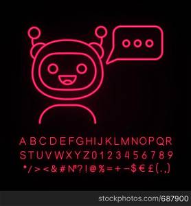 Chatbot with three dots in speech bubble neon light icon. Modern robot. Online virtual assistant. Digital support. Glowing sign with alphabet, numbers and symbols. Vector isolated illustration. Chatbot with three dots in speech bubble neon light icon