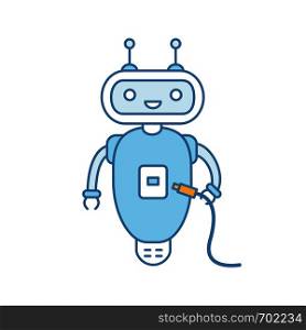 Chatbot with USB cable color icon. Talkbot with USB slot plugs to cable. Modern robot. Virtual assistant. Online helper. Isolated vector illustration. Chatbot with USB cable color icon