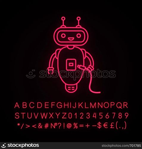 Chatbot with USB cable neon light icon. Talkbot with USB plugs to cable. Modern robot. Virtual assistant. Online helper. Glowing sign with alphabet, numbers and symbols. Vector isolated illustration. Chatbot with USB cable neon light icon