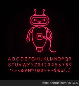 Chatbot with USB cable neon light icon. Talkbot with USB plugs to cable. Modern robot. Virtual assistant. Online helper. Glowing sign with alphabet, numbers and symbols. Vector isolated illustration. Chatbot with USB cable neon light icon