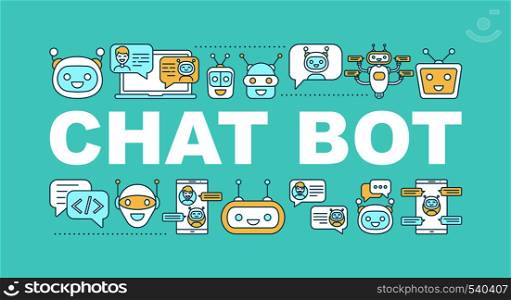 Chatbot word concepts banner. Chat bot. Service robot. Isolated lettering typography idea with linear icons. Machine learning. Artificial intelligence. Vector outline illustration. Chatbot word concepts banner