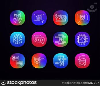 Chatbots app icons set. UI/UX user interface. Chat bots. Talkbots. Virtual assistants. Support, chat, code, messenger bots. Online helpers. Web or mobile applications. Vector isolated illustrations. Chatbots app icons set