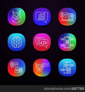 Chatbots app icons set. UI/UX user interface. Graph, support, code, messenger, chat bots. Modern robots. Chatterbots. Virtual assistants. Web or mobile applications. Vector isolated illustrations. Chatbots app icons set