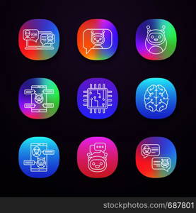 Chatbots app icons set. UI/UX user interface. Talkbots. Support service, chat, messenger bots. Modern robots. Digital brain and processor. Web or mobile applications. Vector isolated illustrations. Chatbots app icons set