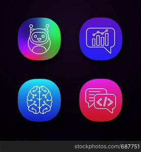 Chatbots app icons set. UI/UX user interface. Virtual assistants. Code, statistics, support chat bots. Modern robots. Digital brain. AI. Web or mobile applications. Vector isolated illustrations. Chatbots app icons set