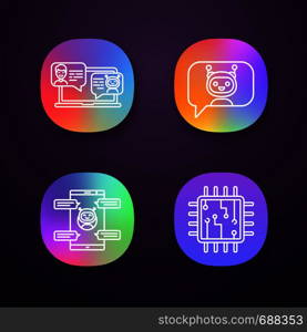 Chatbots app icons set. UI/UX user interface. Virtual assistants. Messenger and chat bots. Processor. Modern robots. Smartphone chatterbots. Web or mobile applications. Vector isolated illustrations. Chatbots app icons set