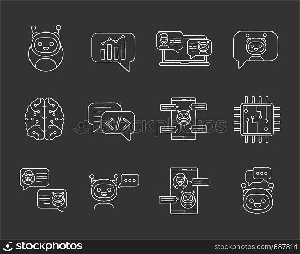 Chatbots chalk icons set. Chat bots. Talkbots. Virtual assistants. Support, chat, code, messenger bots. Online helpers. Isolated vector chalkboard illustrations. Chatbots chalk icons set