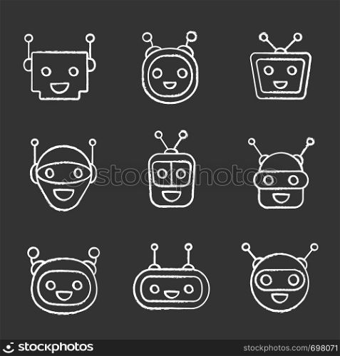 Chatbots chalk icons set. Modern robots emojis. Laughing, happy chat bot smileys. Virtual assistants. Isolated vector chalkboard illustrations. Chatbots chalk icons set
