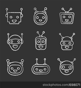 Chatbots chalk icons set. Modern robots emojis. Laughing, happy chat bot smileys. Virtual assistants. Isolated vector chalkboard illustrations. Chatbots chalk icons set