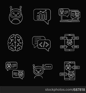 Chatbots chalk icons set. Talkbots. Graph, support, code, messenger, chat bots. Modern robots. Chatterbots. Virtual assistants. Isolated vector chalkboard illustrations. Chatbots chalk icons set