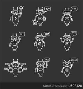 Chatbots chalk icons set. Talkbots. Idea, buy, text, hi, code, question, chat, free, error bots. Modern robots. Isolated vector chalkboard illustrations. Chatbots chalk icons set
