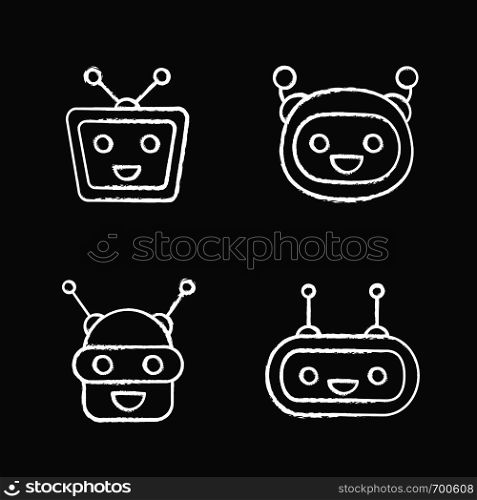 Chatbots chalk icons set. Talkbots. Laughing virtual assistants collection. Conversational agents. Modern robots. Isolated vector chalkboard illustrations. Chatbots chalk icons set