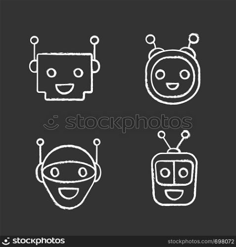 Chatbots chalk icons set. Talkbots. Laughing virtual assistants collection. Modern robots. Conversational agents. Isolated vector chalkboard illustrations. Chatbots chalk icons set