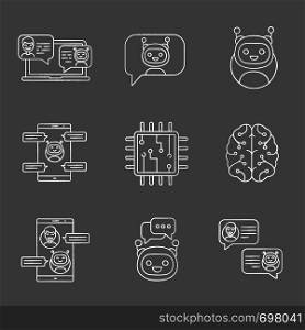 Chatbots chalk icons set. Talkbots. Support service, chat, messenger bots. Modern robots. Digital brain and processor. Chatterbots. Isolated vector chalkboard illustrations. Chatbots chalk icons set