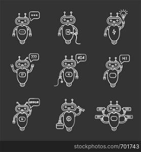 Chatbots chalk icons set. Talkbots. Typing, USB, idea, question, not found, hi, error, repair, chat bots. Modern robots. Isolated vector chalkboard illustrations. Chatbots chalk icons set