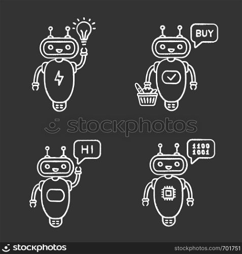 Chatbots chalk icons set. Talkbots. Virtual assistants. New idea, buy, hi, code chat bots. Modern robots. Isolated vector chalkboard illustrations. Chatbots chalk icons set