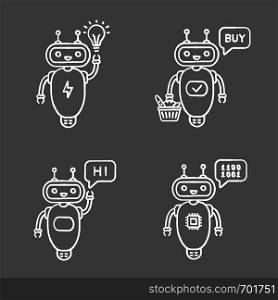 Chatbots chalk icons set. Talkbots. Virtual assistants. New idea, buy, hi, code chat bots. Modern robots. Isolated vector chalkboard illustrations. Chatbots chalk icons set