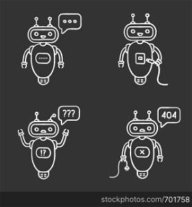 Chatbots chalk icons set. Talkbots. Virtual assistants. Typing, USB, question, not found chat bots. Modern robots. Isolated vector chalkboard illustrations. Chatbots chalk icons set