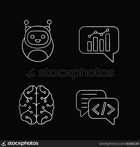 Chatbots chalk icons set. Virtual assistants. Code, statistics, support chat bots. Modern robots. Digital brain. Chatterbots. AI. Isolated vector chalkboard illustrations. Chatbots chalk icons set