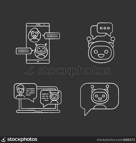 Chatbots chalk icons set. Virtual assistants. Messenger and chat bots. Modern robots. Smartphone and laptop chatterbots. Isolated vector chalkboard illustrations. Chatbots chalk icons set
