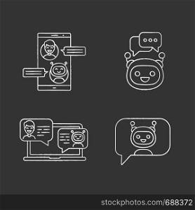 Chatbots chalk icons set. Virtual assistants. Messenger and chat bots. Modern robots. Smartphone and laptop chatterbots. Isolated vector chalkboard illustrations. Chatbots chalk icons set