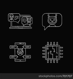 Chatbots chalk icons set. Virtual assistants. Messenger and chat bots. Processor. Modern robots. Smartphone chatterbots. Isolated vector chalkboard illustrations. Chatbots chalk icons set