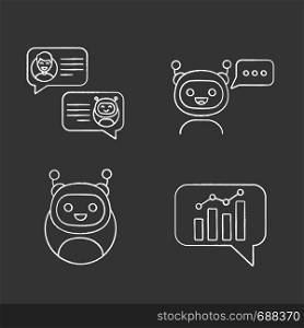 Chatbots chalk icons set. Virtual assistants. Messenger, graph and chat bots. Modern robots. Smartphone chatterbots. Isolated vector chalkboard illustrations. Chatbots chalk icons set