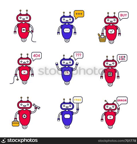 Chatbots color icons set. Buy, USB, question, not found, code, free, repair, error, typing bots. Modern robots. Isolated vector illustrations. Chatbots color icons set