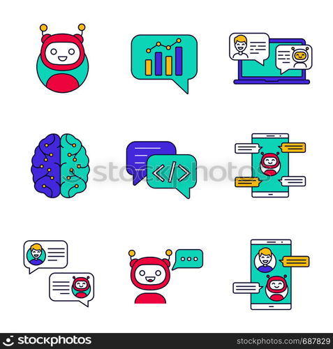 Chatbots color icons set. Talkbots. Graph, support, code, messenger, chat bots. Modern robots. Chatterbots. Virtual assistants. Isolated vector illustrations. Chatbots color icons set