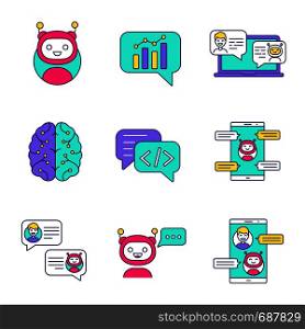 Chatbots color icons set. Talkbots. Graph, support, code, messenger, chat bots. Modern robots. Chatterbots. Virtual assistants. Isolated vector illustrations. Chatbots color icons set