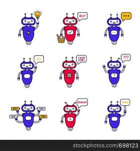 Chatbots color icons set. Talkbots. Idea, buy, text, hi, code, question, chat, free, error bots. Modern robots. Isolated vector illustrations. Chatbots color icons set