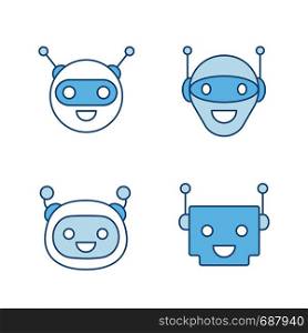 Chatbots color icons set. Talkbots. Laughing virtual assistants collection. Conversational agents. Modern robots. Isolated vector illustrations. Chatbots color icons set