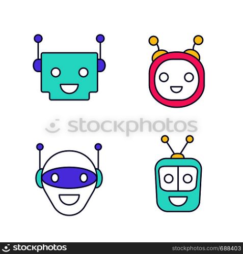 Chatbots color icons set. Talkbots. Laughing virtual assistants collection. Modern robots. Conversational agents. Isolated vector illustrations. Chatbots color icons set