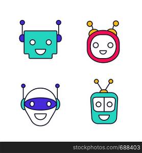 Chatbots color icons set. Talkbots. Laughing virtual assistants collection. Modern robots. Conversational agents. Isolated vector illustrations. Chatbots color icons set
