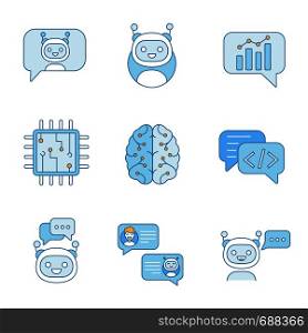 Chatbots color icons set. Talkbots. Support service, chat, messenger bots. Modern robots. Digital brain and processor. Chatterbots. Isolated vector illustrations. Chatbots color icons set